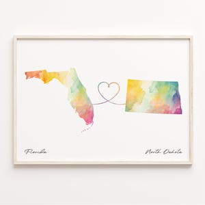 Florida naar North Dakota print, aquarel kaart poster, North Dakotan cadeau, reizen muurkunst, nieuw land, C23-1327