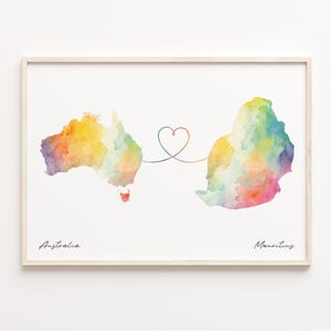 Australien Mauritius Druck, Aquarell Karte Poster, Mauretanien Geschenk, Reisewandkunst, Länder Herz, C23-913