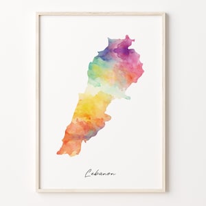 Libanon Aquarell Karte Druck, Lebendiges libanesisches Kunst Poster, Pfund Buntes Land, Wandkunst, Regenbogendruck, C26-102