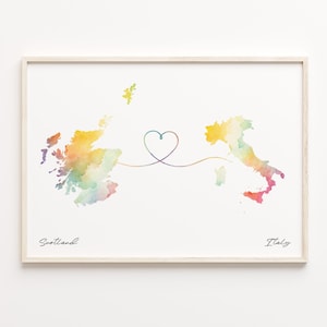 Stampa dalla Scozia all'Italia, poster con mappa ad acquerello, regalo italiano, arte murale da viaggio, regalo di benvenuto a casa, C23-1732