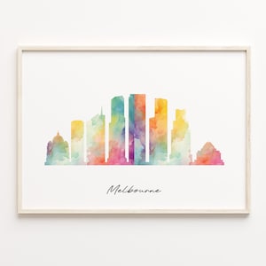 Melbourne Skyline Print, Watercolor Cityscape, Australia Wall Art Poster, Rainbow Skyline, Cityscape Print, C29-196