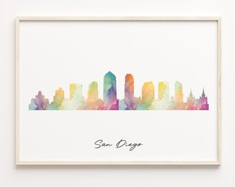 San Diego Skyline Watercolor Print: Colorful Cityscape Poster