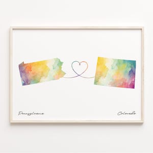 Pennsylvania to Colorado Druck, Aquarell Karte Poster, Coloradan Geschenk, Reise Wandkunst, Länder Herz, C23-1408