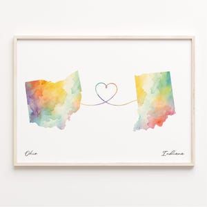 Ohio Indiana Druck, Aquarell Karte Poster, Hoosier Geschenk, Reise Wandkunst, Neues Zuhause, C23-1522