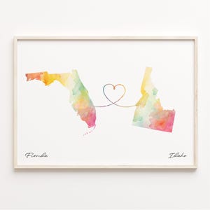 Print Florida naar Idaho, aquarel kaart poster, cadeau Idahoan, reizen muurkunst, verre liefde, C23-1312