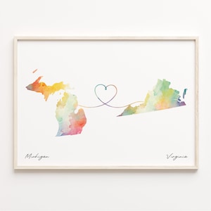 Michigan to Virginia Print, Watercolor Map Poster, Virginian Gift, Travel Wall Art, LDR Map, C23-1709