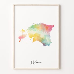 Impresión de mapa de acuarela de Estonia, cartel de arte estonio vibrante, arte de pared de país colorido de EE, mapa de acuarela, C26-57