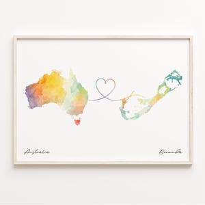 Impresión de Australia a Bermudas, póster de mapa de acuarela, regalo de Benin, arte de pared de viaje, regalo de corazón de países, C23-815
