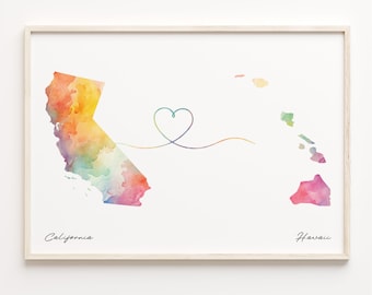 California to Hawaii Watercolor Map Print: Travel Wall Art