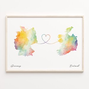 Deutschland Irland Druck, Aquarell Karte Poster, Nordirak Geschenk, Reise Wandkunst, Continental Love Karte, C23-483