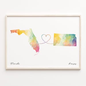 Print van Florida naar Kansas, aquarel kaart poster, Kansan cadeau, reizen muurkunst, overzeese liefde, C23-1315