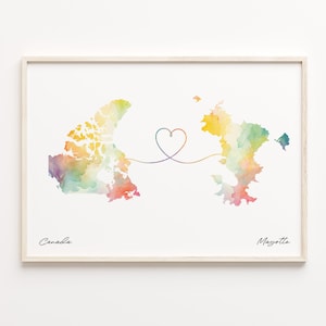 Canada to Mayotte Print, Watercolor Map Poster, Mauritian Gift, Travel Wall Art, Countries Heart, C23-715