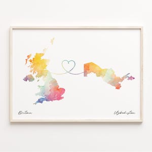 UK to Usbekistan Print, Aquarell Karte Poster, Usbekistan Geschenk, Vereinigtes Königreich Wandkunst, Umzug ins Ausland, C23-391