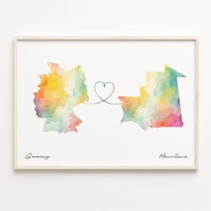 Germany to Mauritania Print, Watercolor Map Poster, Martinican Gift, Travel Wall Art, Borderless Love, C23-514