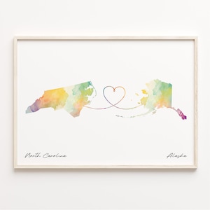 North Carolina to Alaska Print, Watercolor Map Poster, Alaskan Gift, Travel Wall Art, Faraway Love Map, C23-1611