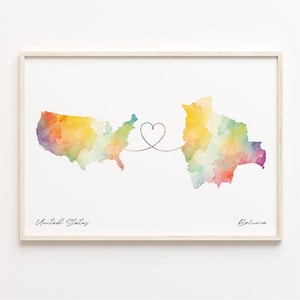US to Bolivia Druck, Aquarell Karte Poster, Bolivien Geschenk, US Wandkunst, Länder Herz, C23-22