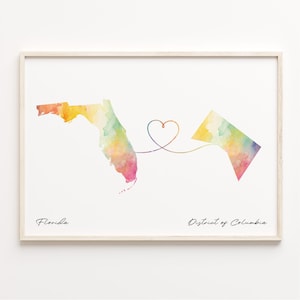 Florida naar District of Columbia print, aquarel kaart poster, Washingtonian cadeau, reizen kunst aan de muur, grenzeloze liefde, C23-1306