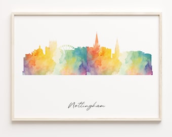 Nottingham Skyline Watercolor Print: Rainbow Cityscape Poster
