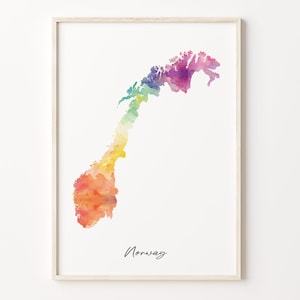 Impression de carte aquarelle de Norvège, affiche d'art norvégien dynamique, AUCUN art mural pays coloré, carte arc-en-ciel, C26-137