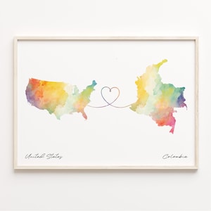 Print VS naar Colombia, aquarel kaartposter, Colombiaans cadeau, kunst aan de muur VS, kaart nieuwe woning, C23-39