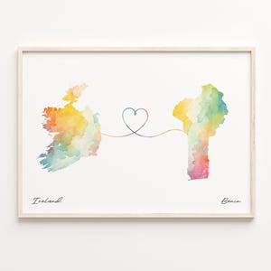 Ireland to Benin Print, Watercolor Map Poster, Beninese Gift, Travel Wall Art, Countries Heart Map, C23-1014