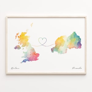 UK to Ruanda Print, Aquarell Karte Poster, Ruanda Geschenk, Vereinigtes Königreich Wandkunst, Expat, C23-352