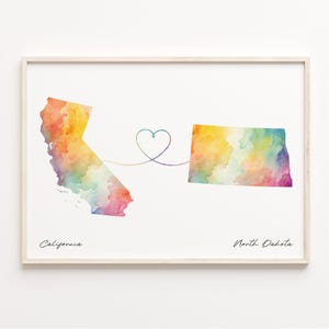California to North Dakota Print, Watercolor Map Poster, North Dakotan Gift, Travel Wall Art, Farewell Gift, C23-1223