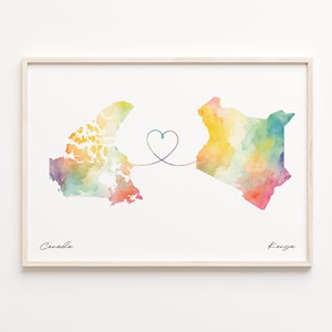 Canada Kenya Watercolor Map Print: Long Distance Travel Art