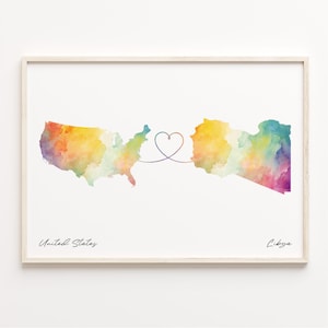 US to Libya Watercolor Map Print: Country Connection Art