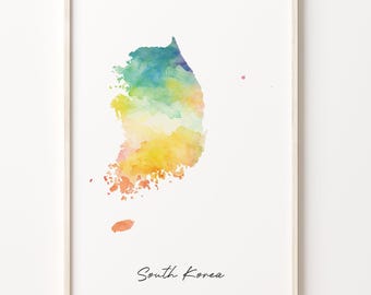 South Korea Watercolor Map Art Print: Vibrant Colorful Wall Decor