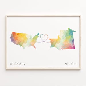 US to Mauritania Print, Watercolor Map Poster, Mauritanian Gift, US Wall Art, Global Love Map, C23-117