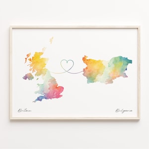 UK to Bulgaria Print, Watercolor Map Poster, Bulgarian Gift, United Kingdom Wall Art, Overseas Love, C23-226