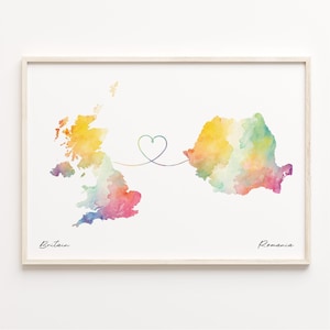Großbritanien, Rumänien Druck, Aquarell Karte Poster, Rumänisches Geschenk, Großbritanien Wandkunst, Beziehungsgeschenk, C23-350