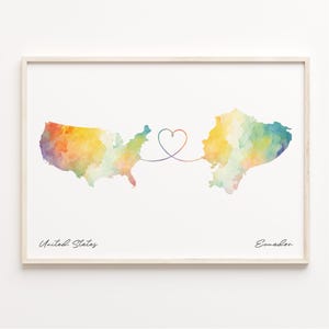 US to Ecuador Print, Watercolor Map Poster, Ecuadorian Gift, US Wall Art, Relationship, C23-52