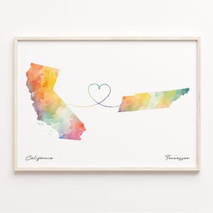California to Tennessee Print, Watercolor Map Poster, Tennessean Gift, Travel Wall Art, Friendship Gift, C23-1238