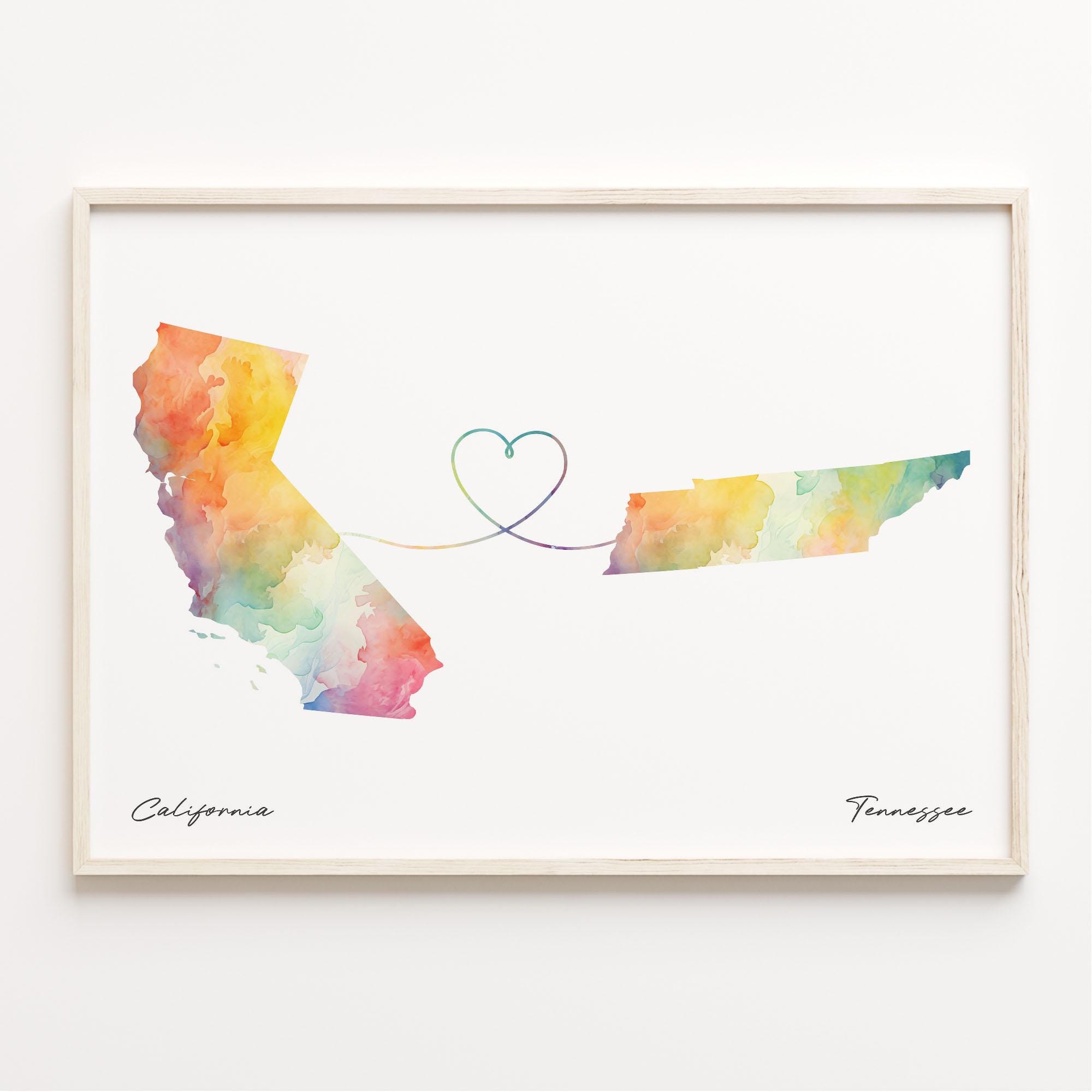 California to Tennessee Print, Watercolor Map Poster, Tennessean Gift, Travel Wall Art, Friendship Gift, C23-1238