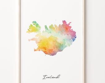 Iceland Watercolor Map Art Print: Colorful Icelandic Wall Decor