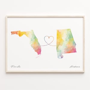 Florida to Alabama Druck, Aquarell Karte Poster, Alabama Geschenk, Reise Wandkunst, Expatriate, C23-1300