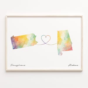 Pennsylvania naar Alabama print, aquarel kaart poster, Alabamian cadeau, reizen muurkunst, wereldwijde liefdeskaart, C23-1404