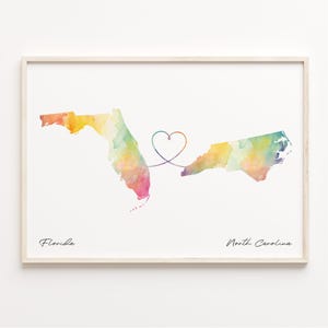 Florida naar North Carolina print, aquarel kaart poster, North Carolina gift, reizen kunst aan de muur, nieuwe huis kaart, C23-1326