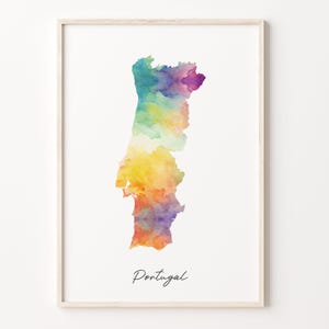 Portugal Aquarell Karte Druck, Lebendige portugiesische Kunst Poster, PT Bunte Landwandkunst, Geographie Geschenk, C26-147