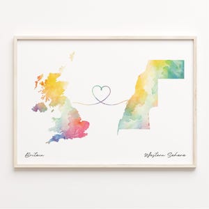 UK to Western Sahara Print, Watercolor Map Poster, Sahrawi Gift, United Kingdom Wall Art, Long Distance Gift, C23-395