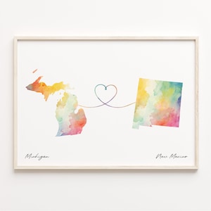 Michigan to New Mexico Print, Watercolor Map Poster, New Mexican Gift, Travel Wall Art, Emigration, C23-1695
