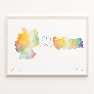 Germany to Turkey Print, Watercolor Map Poster, Tunisian Gift, Travel Wall Art, Continental Love Map, C23-582