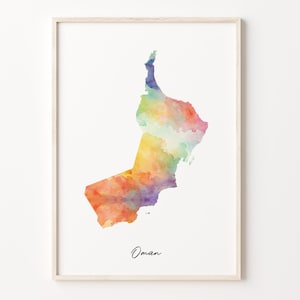 Oman Aquarell Karte Druck, Lebendiges Oman Kunst Poster, Buntes Land, Regenbogen Druck, C26-138