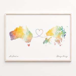 Australia to Hong Kong Print, Watercolor Map Poster, Honduran Gift, Travel Wall Art, Welcome Home, C23-874