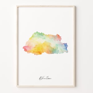 Bhutan Aquarell Karte Druck, Bhutanische Kunst Poster, Bunte Landkarte, Aquarell Karte, C26-21