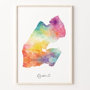 Djibouti Watercolor Map Print, Vibrant Djiboutian Art Poster, DJ Colorful Country Wall Art, Explorer Decor, C26-48