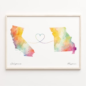 California to Missouri Print, Watercolor Map Poster, Missourian Gift, Travel Wall Art, Far Apart, C23-1219