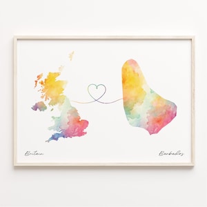 UK to Barbados Print, Watercolor Map Poster, Barbadian Gift, United Kingdom Wall Art, Global Love, C23-214